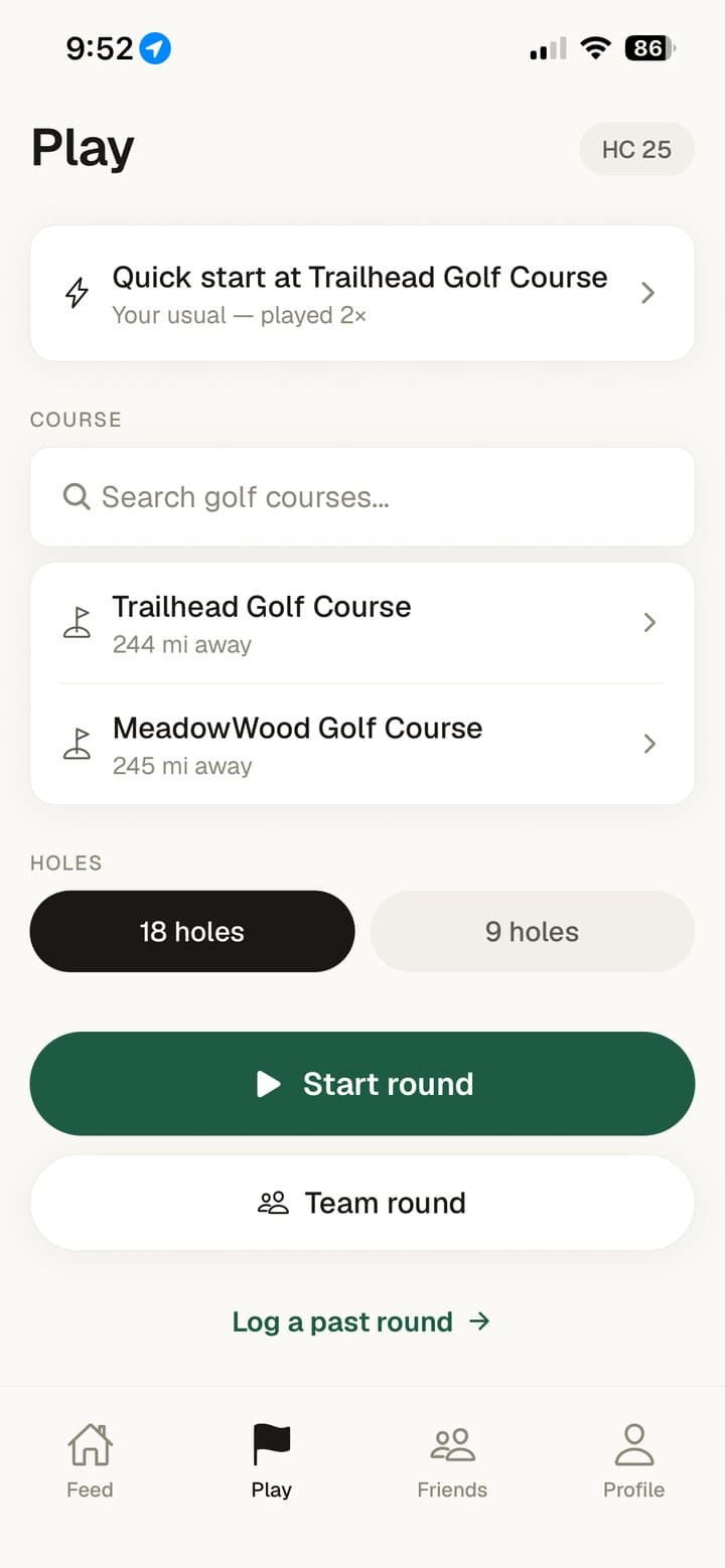 Schmenk Golf's screen for starting a round at a home course