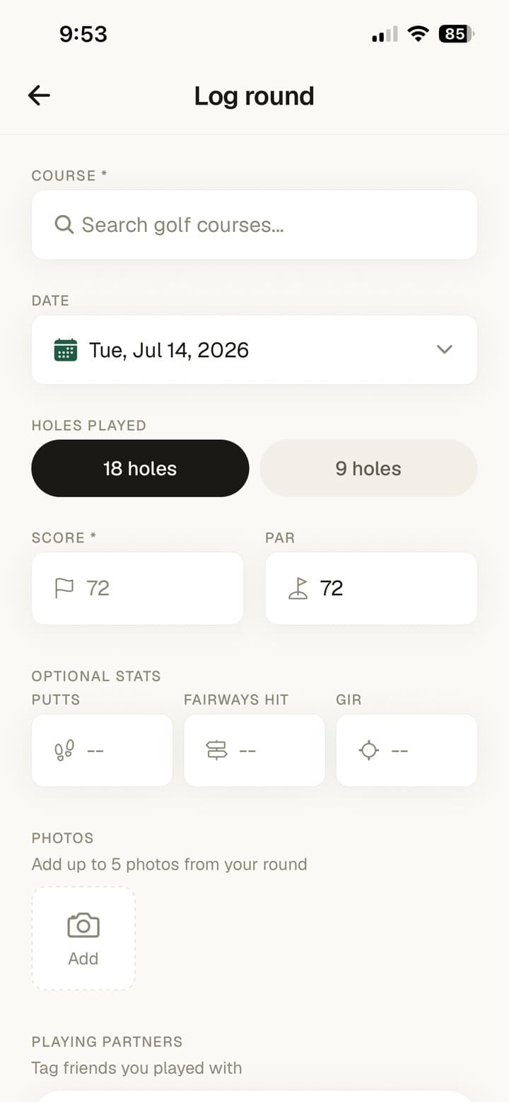 Schmenk Golf's form for logging a past round