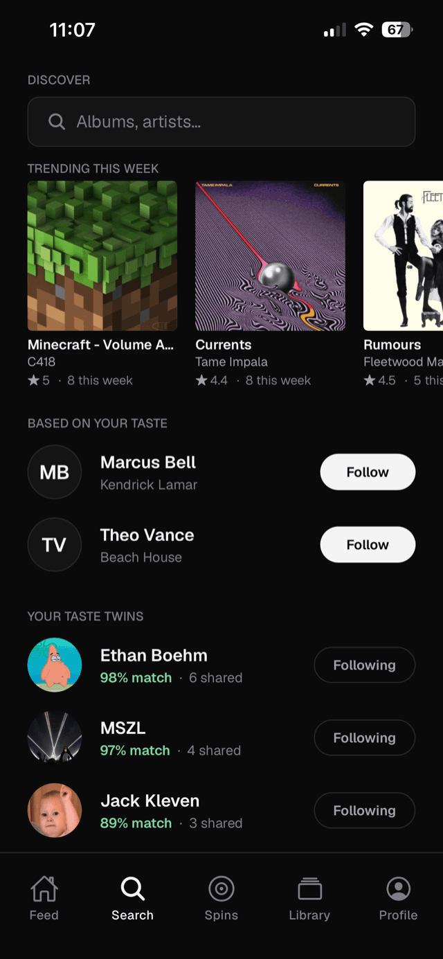 Sleeve discover screen with taste twins
